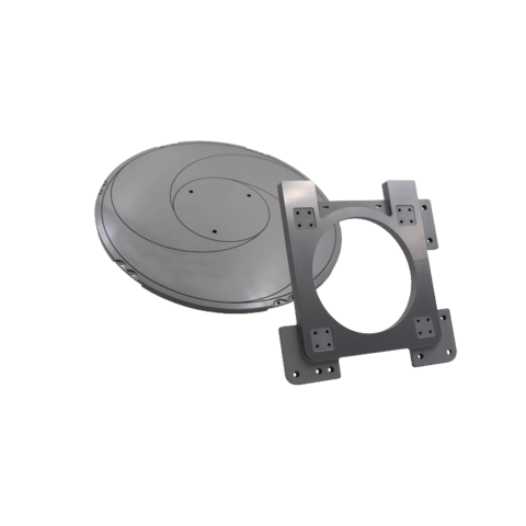 Round plate next to rectangular bracket with round cut-out and several small fixing holes