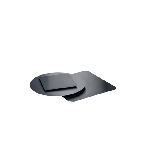 Three black plates of different shapes: one round, one square and one rectangular, stacked on top of each other.