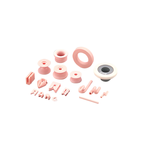 Various pink-colored guiding elements, yarn processing nozzles, oilers, rollers and interlacers made of high-performance ceramics