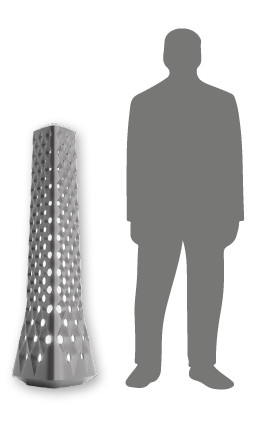 A tall, tapered, perforated column with circular holes next to the silhouette of a person