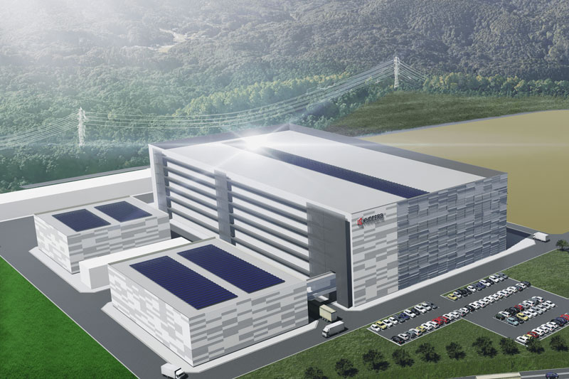 Design of the new plant in Nagasaki, Japan. One large and two small production halls, in front of a forest