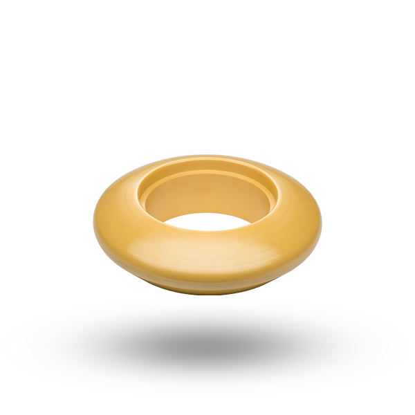 Round, yellow ceramic component with a large, circular opening in the center on a white background.