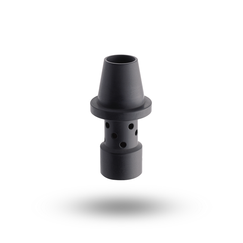 Black nozzle head in cylindrical shape, several small holes in the nozzle neck